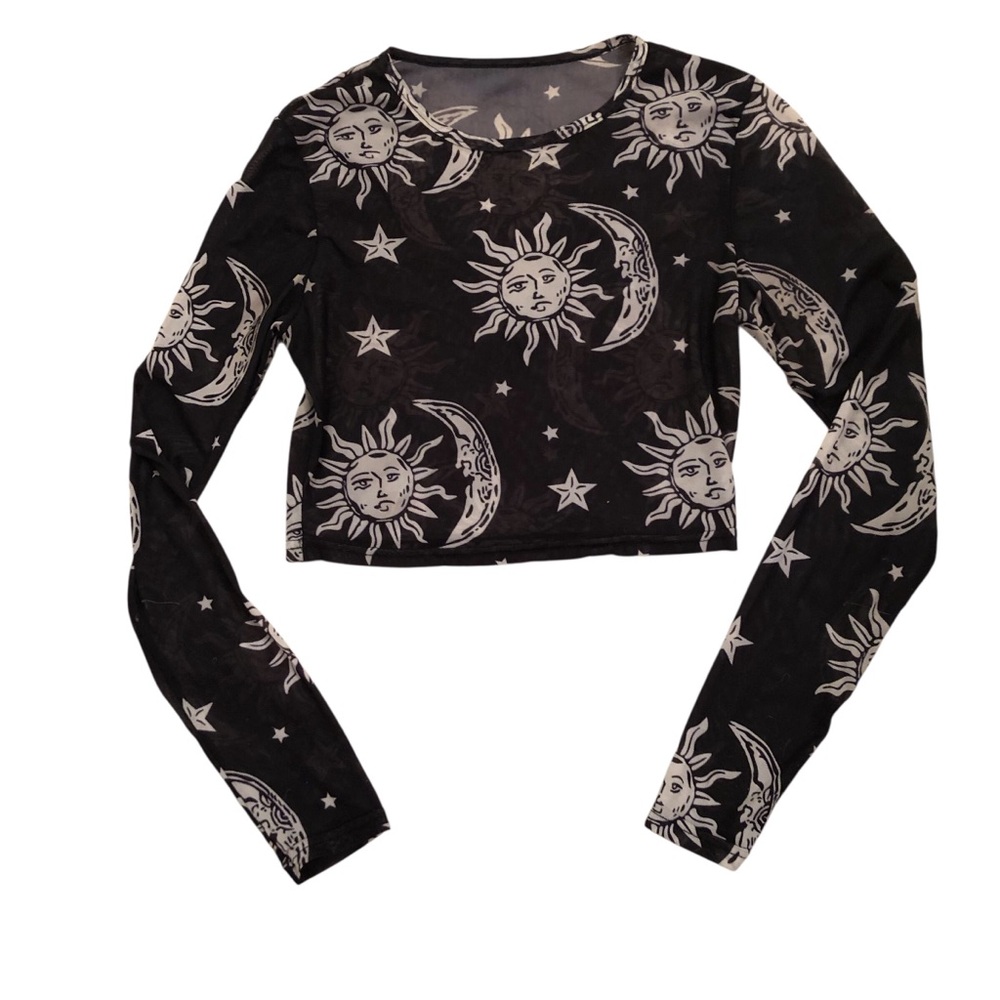 Whimsigoth black mesh crop top with sun, moon, & stars Size XS Witchy Festival